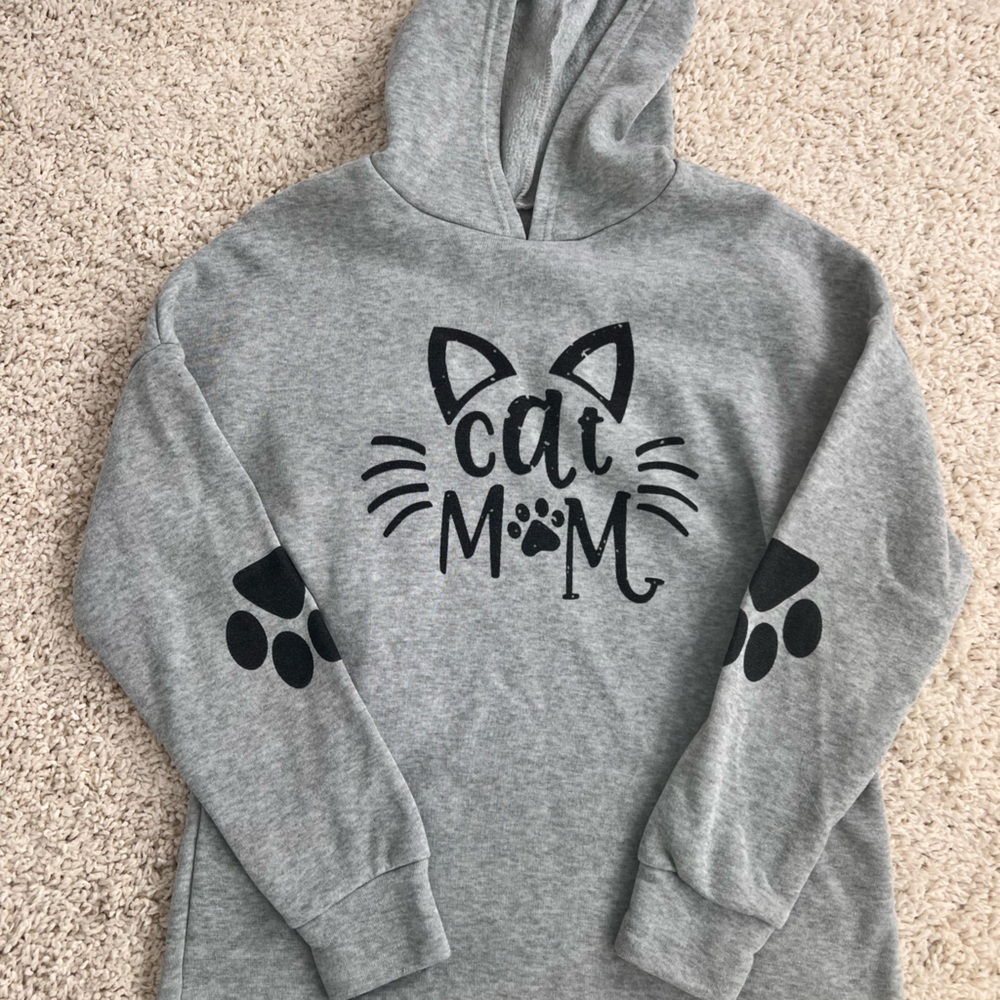 Gray Cat Mom Hoodie with Black Paw Prints